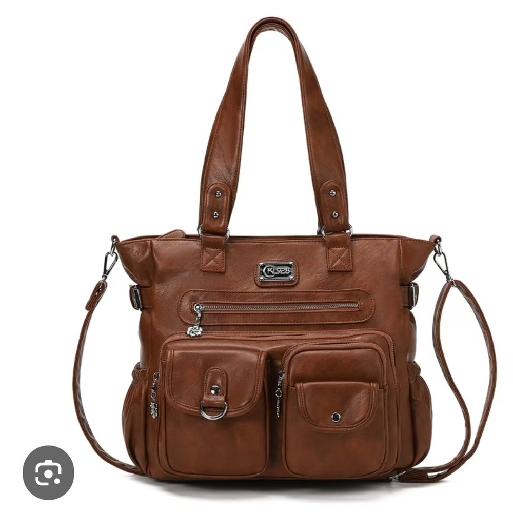 KL928 Womens Faux Leather Multi-Pocket Tote Bag Cognac Brown Crossbody Handbag